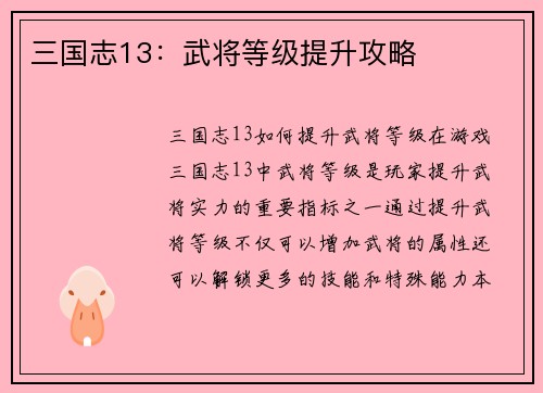 三国志13：武将等级提升攻略